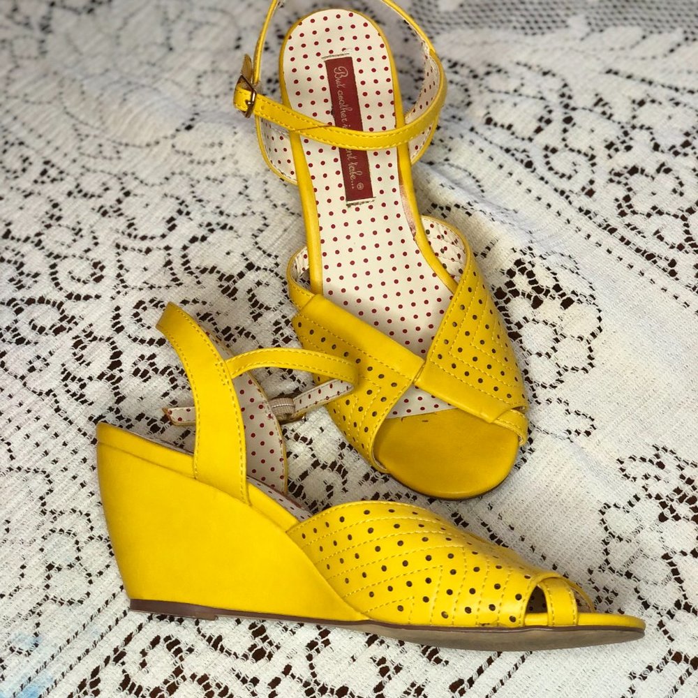 Bettie Page Peep Toe Yellow Wedges